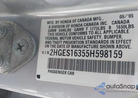2005 Honda Civic Vp z USA, uszkodzony, nr VIN 2HGES16355H598159